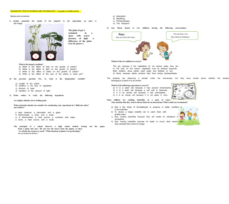 DIAGNOSTIC TEST OF SCIENCE AND TECHNOLOGY - 1st Year | PDF | Plants ...