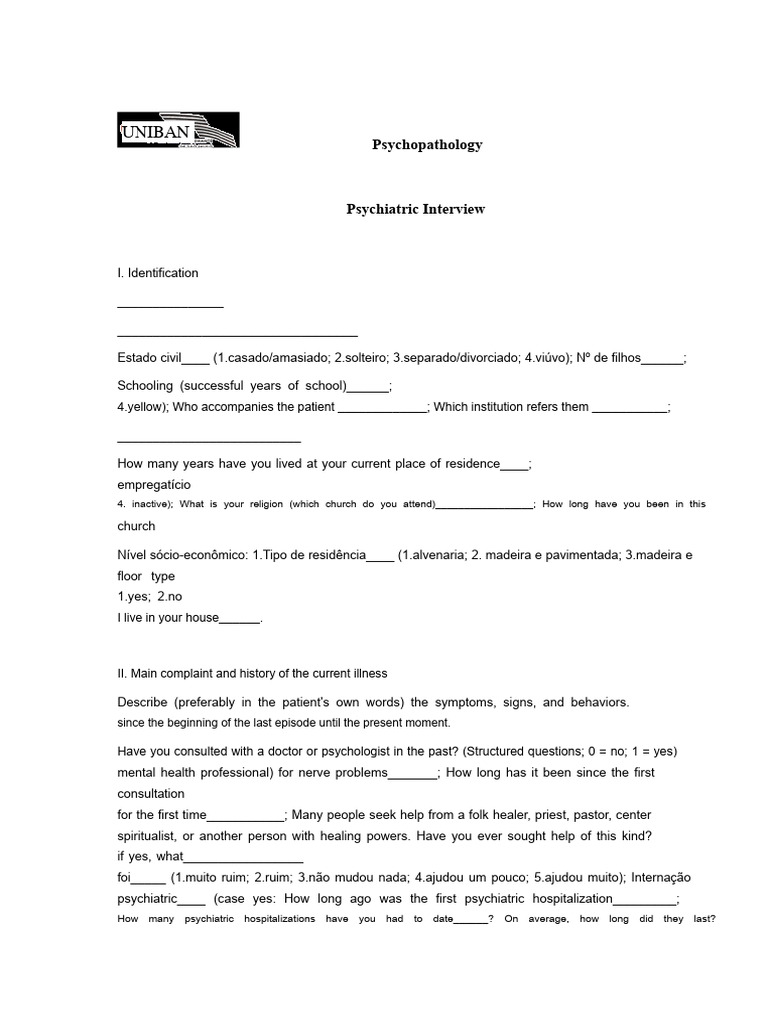 Psychiatric Interview for Psychopathology Assessment | PDF | Psychiatry ...