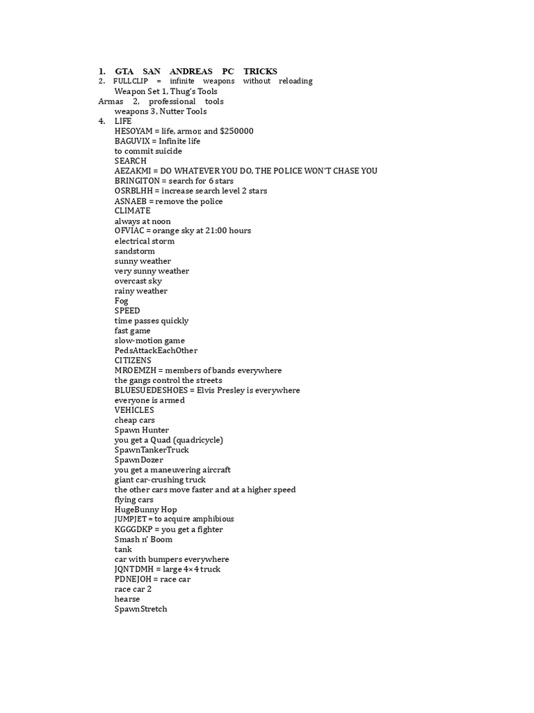 GTA San Andreas PC Cheat Codes Guide | PDF
