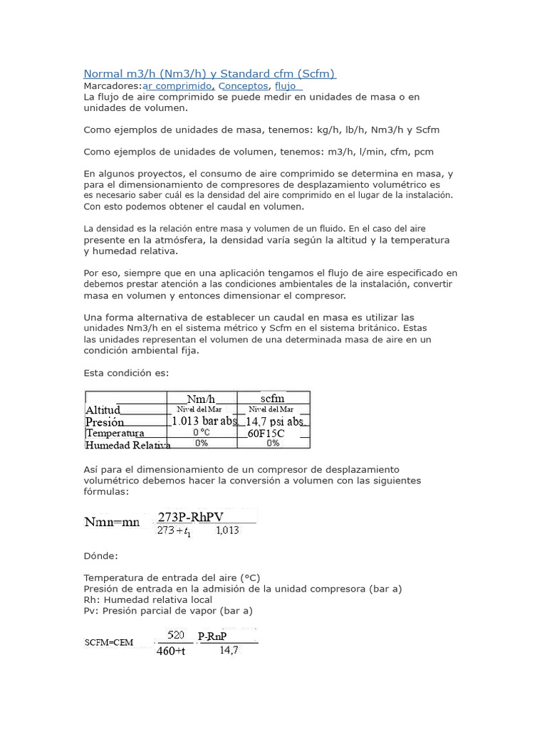 Conversión de flujo de aire Nm3/h a Scfm PDF Densidad Humedad — free download