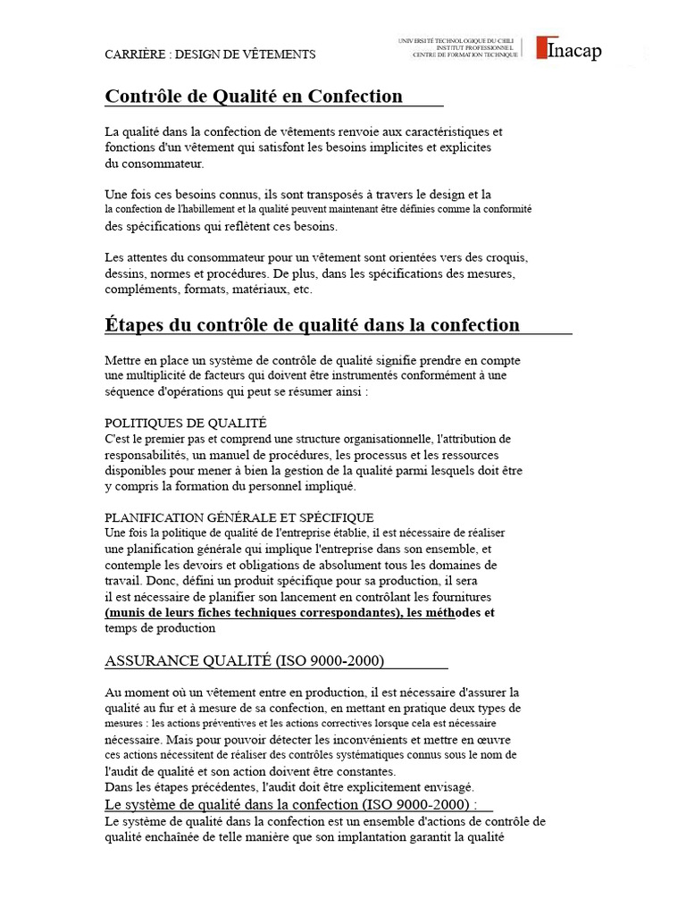 Contrôle de Qualité en Confection Vêtements | PDF | Couture | Audit