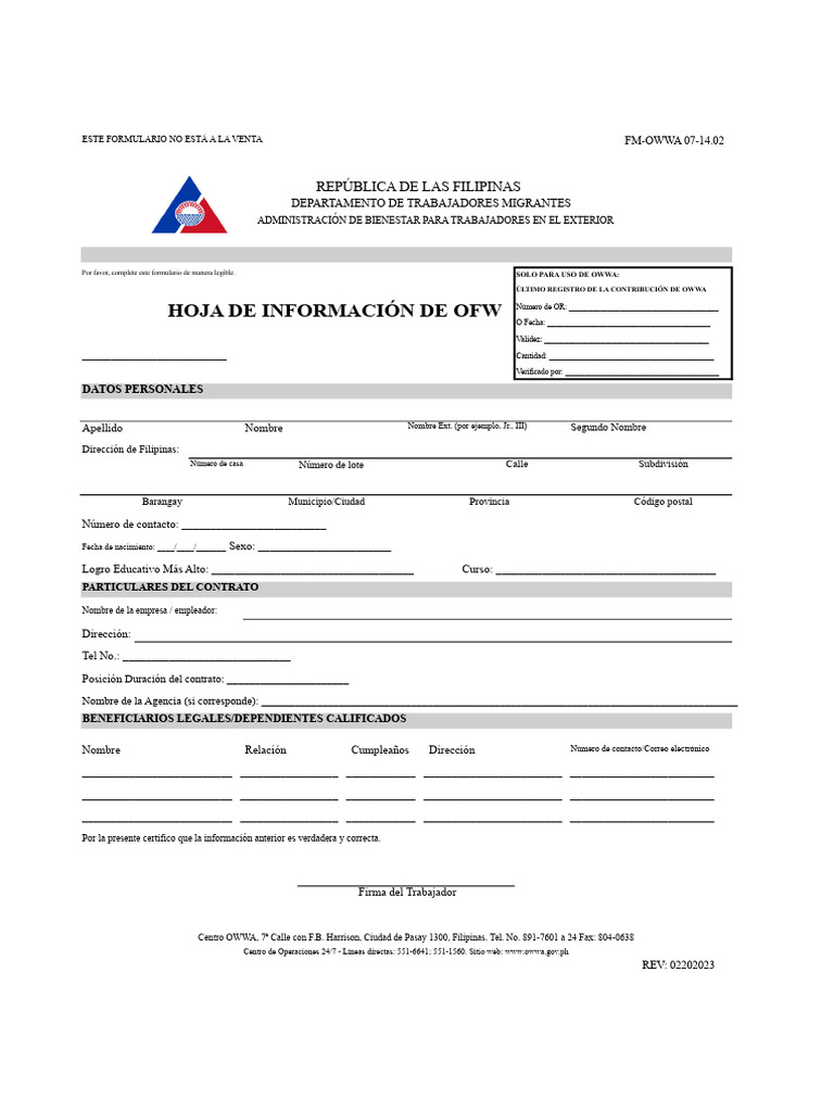 Formulario OWWA para Trabajadores Migrantes | PDF