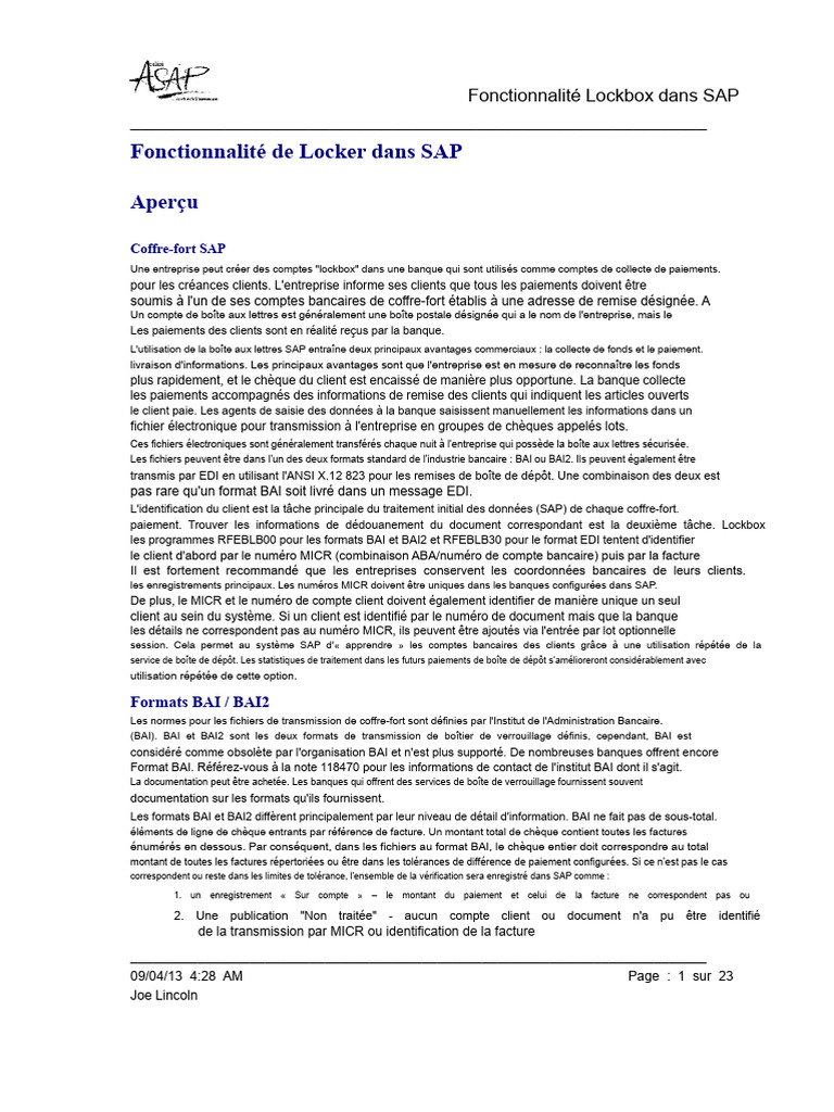 Fonctionnalité Lockbox dans SAP : Guide Complet | PDF | Banques ...