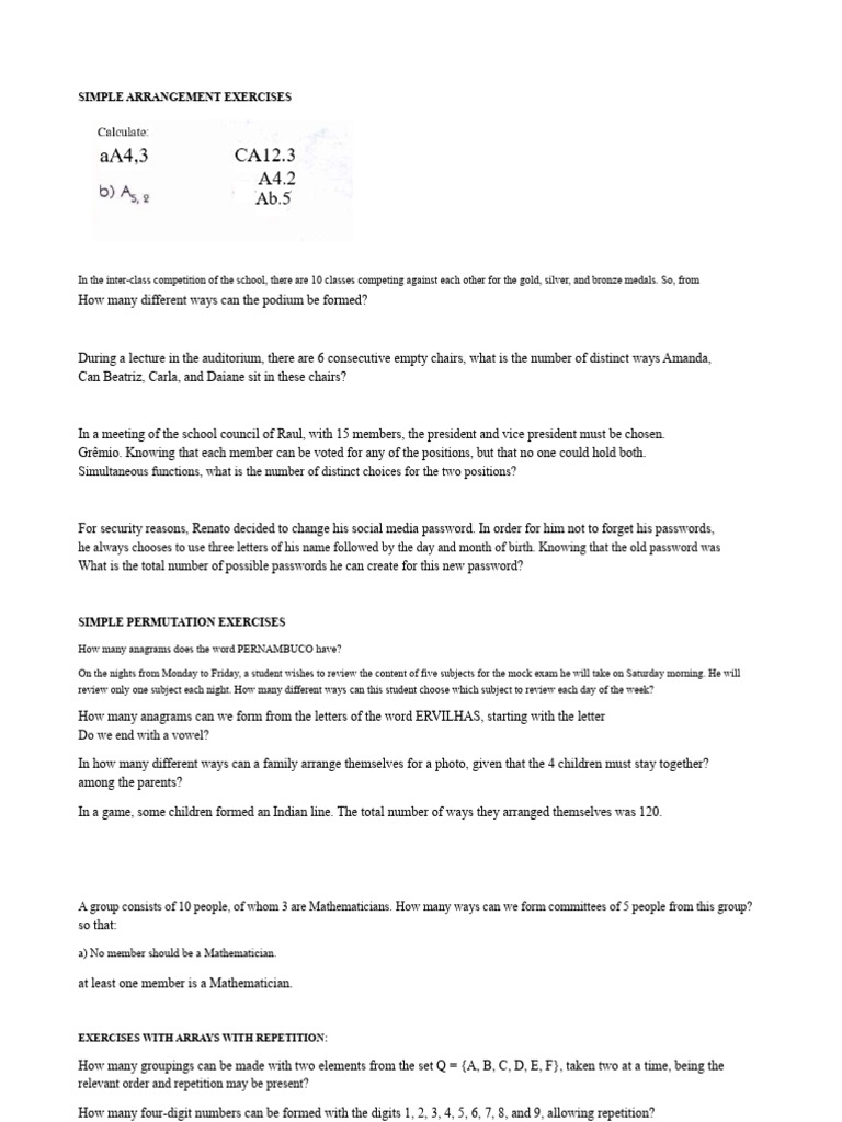 Arrangement and Permutation Exercises | PDF | Permutation | Mathematics