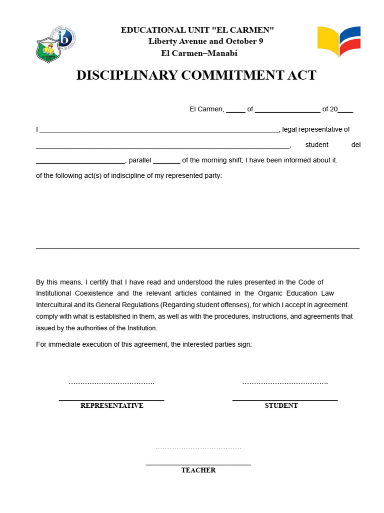 Disciplinary Commitment Act Template | PDF | Teachers | Justice