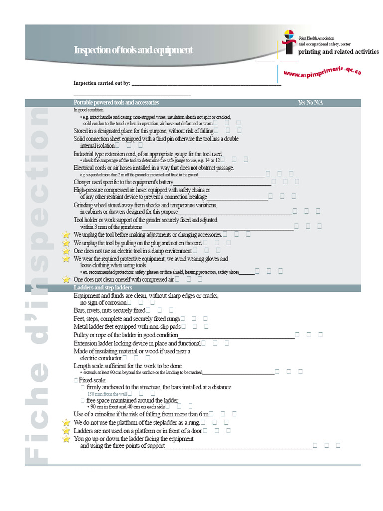Joint Health Association Tool Safety Inspection | PDF | Ladder ...