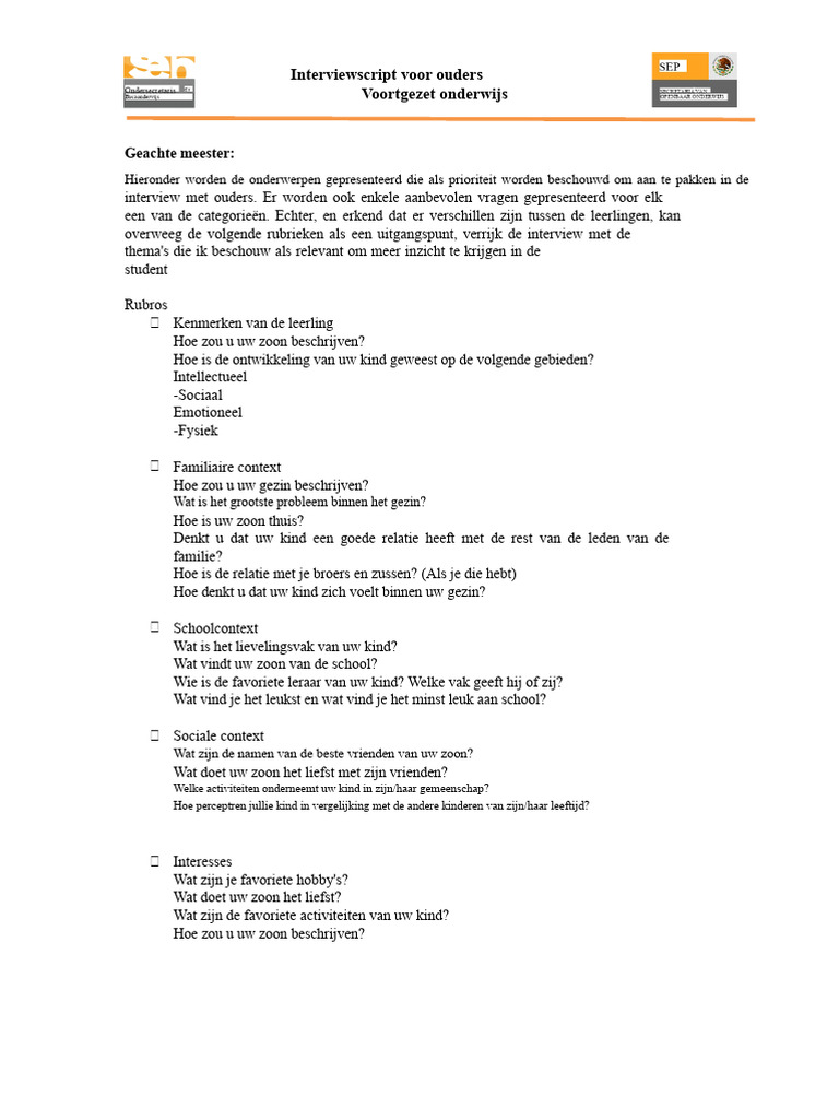 Interview Script Voor Ouders PDF | PDF