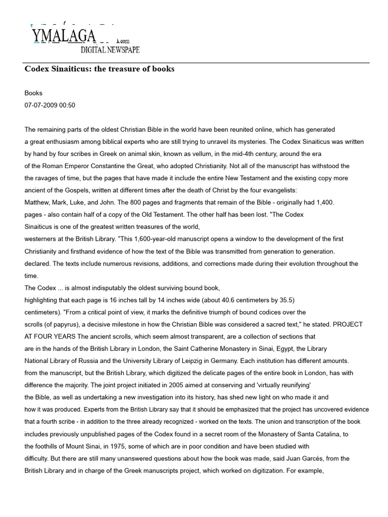 Codex Sinaiticus The Treasure of Books | PDF | Codex | Bible