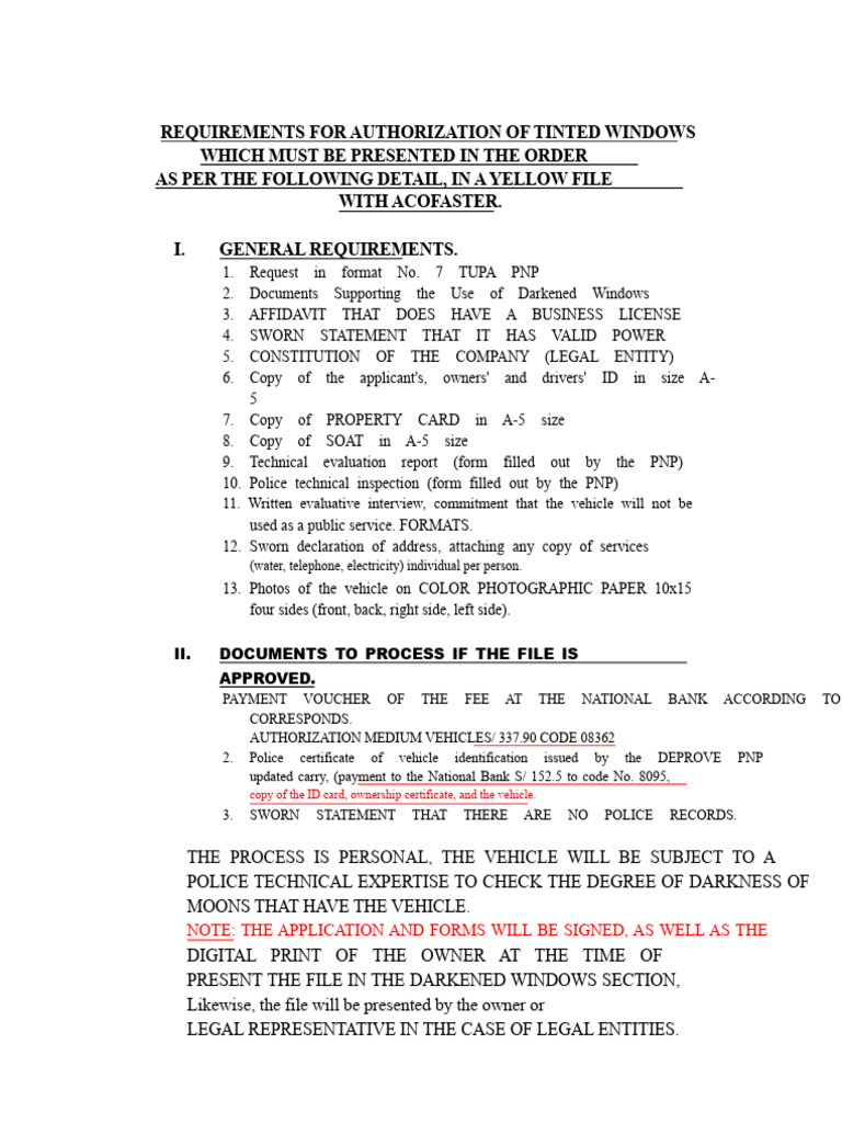 Requirements For Authorization of Tinted Windows That Must Be Submitted ...