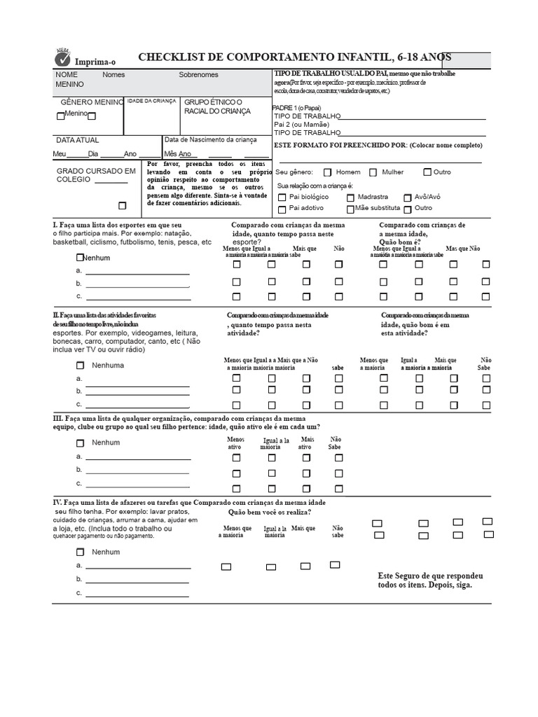 Child Behavior Checklist Completo Português | PDF | Comportamento ...