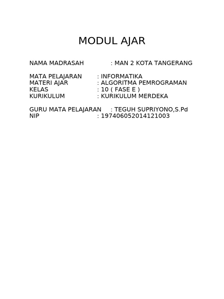 Modul Ajar Algoritma Pemrograman Kelas 10 | PDF