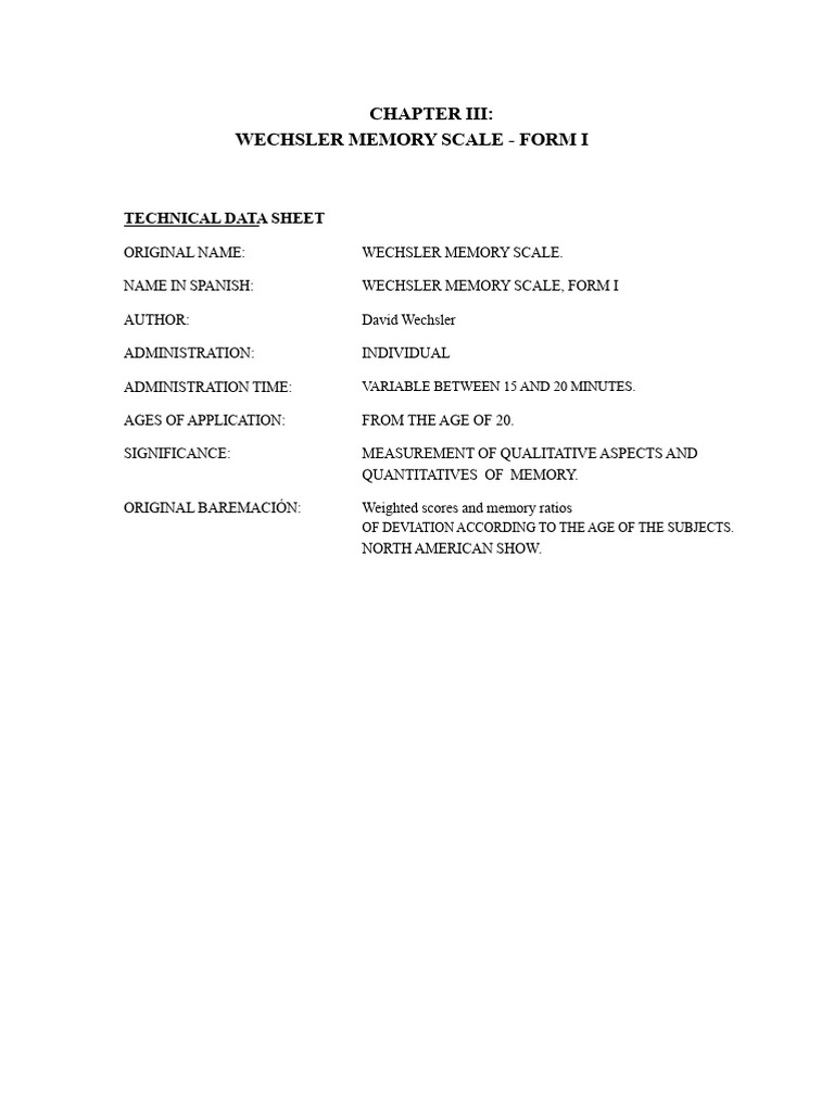 Wechsler Memory Scale Form I-1 | PDF | Wechsler Adult Intelligence ...
