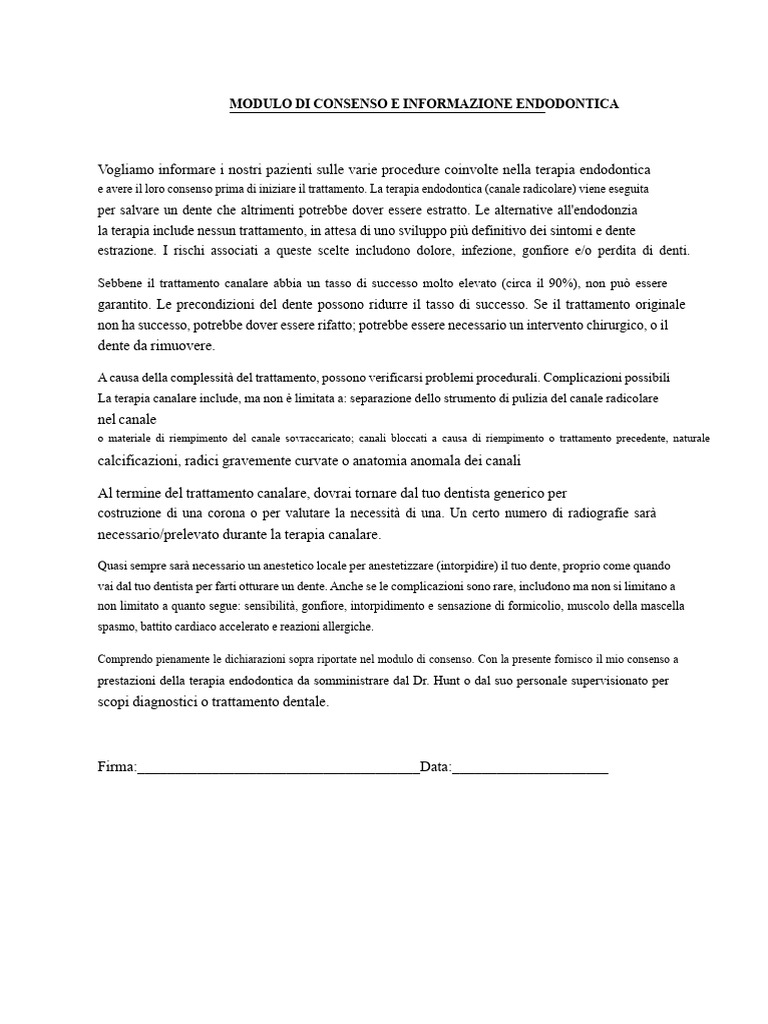 Modulo Di Consenso e Informativa Endodontica | PDF