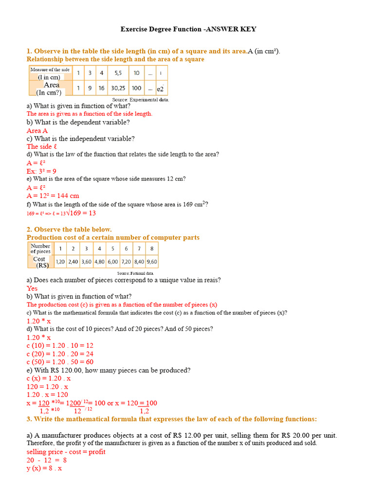 Exercise First Degree Function - ANSWER KEY | PDF | Cartesian ...