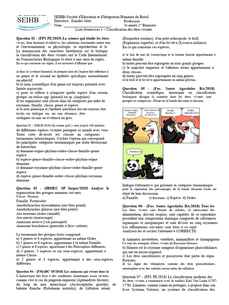 Classification des êtres vivants en biologie | PDF | Taxonomie ...