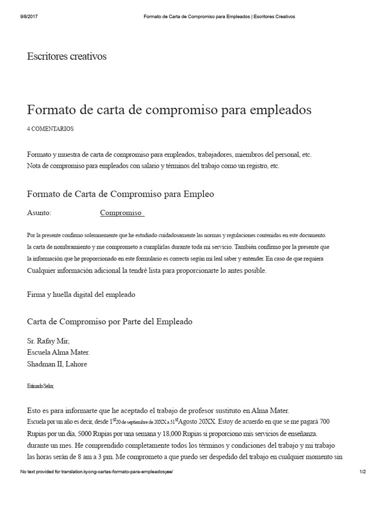 Formato de Carta de Compromiso Laboral | PDF