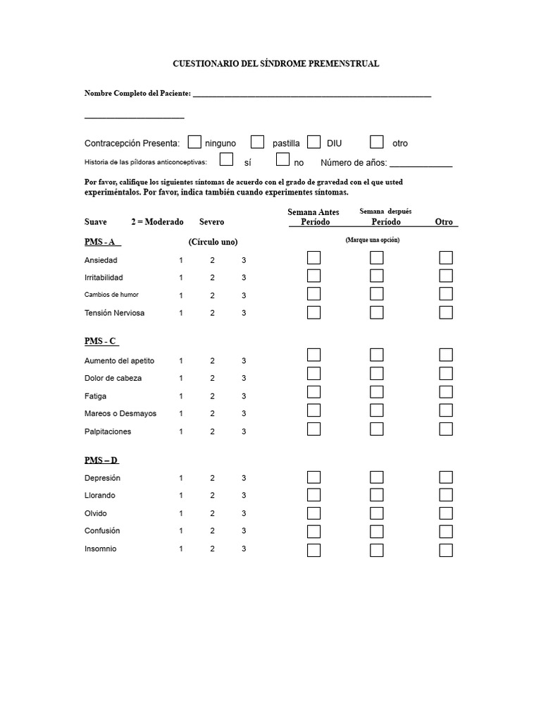 Cuestionario para Síndrome Premenstrual | PDF | Depresión (estado de ...