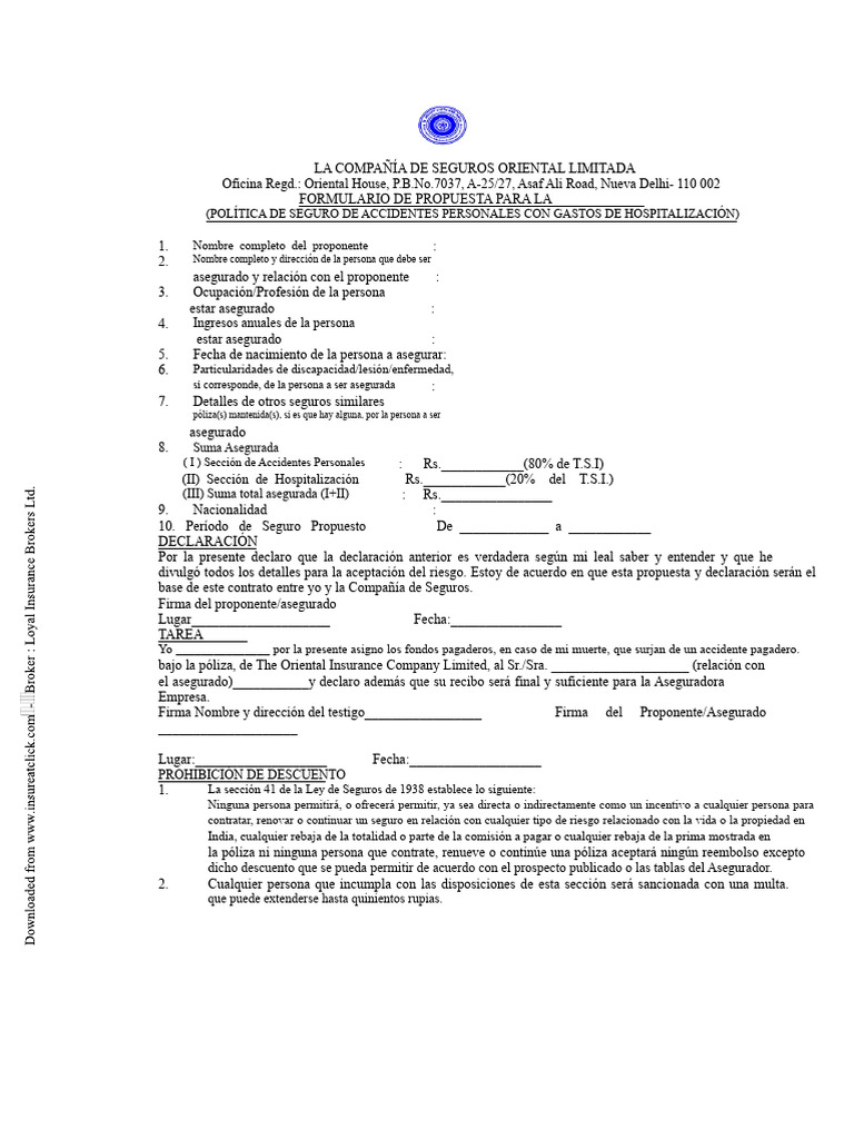 Formulario de Propuesta de Seguro Nagrik de Oriental Insurance | PDF ...