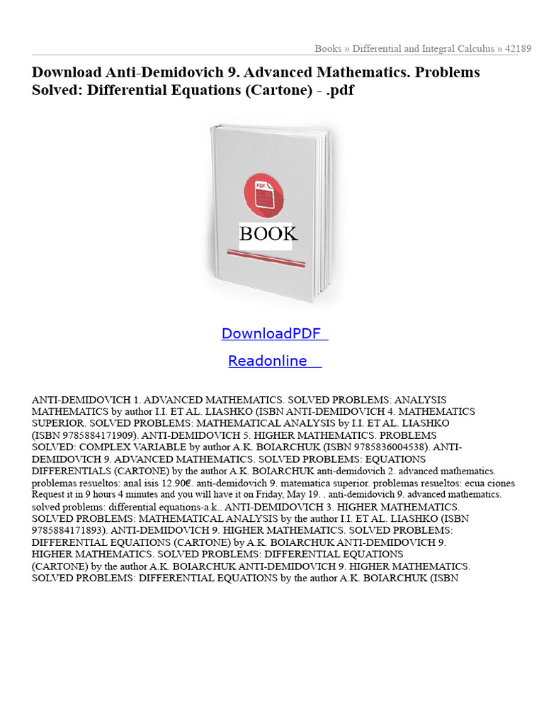 Anti Demidovich 9 Advanced Mathematics Solved Problems Differential ...