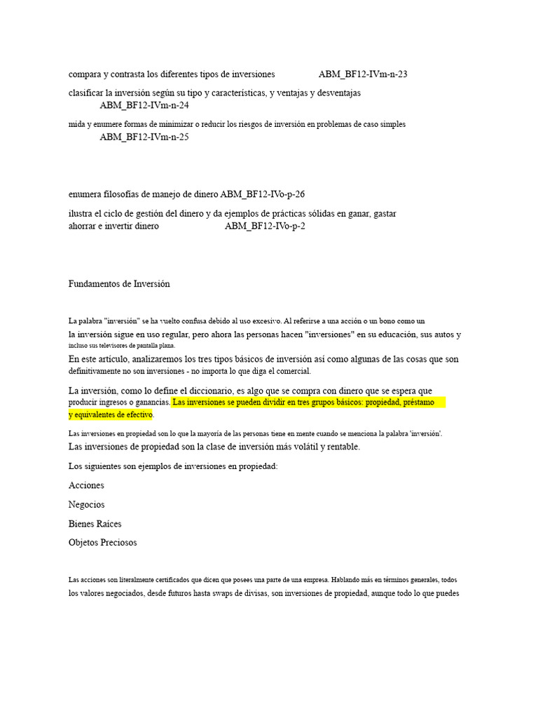 Tipos de Inversiones y sus Riesgos | PDF | Inversiones | Compartir ...