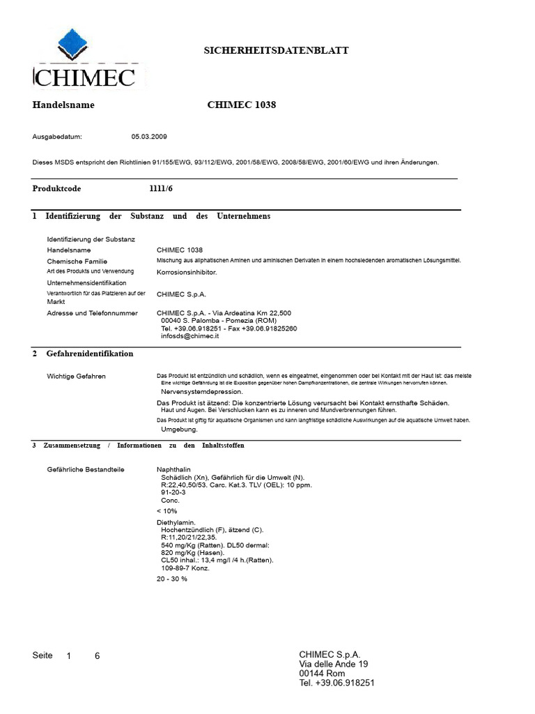 MSDS - CHIMEC 1038 - Gas Korrosionsinhibitor | PDF