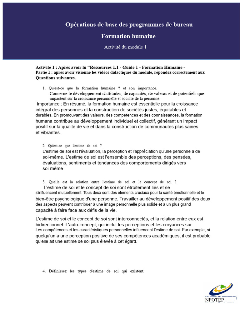 Formation Humaine : Estime de Soi et Communication | PDF | Estime de ...