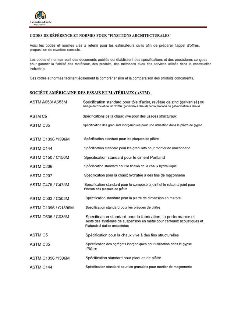 Codes et Normes pour Finitions Architecturales | PDF | Béton | Plâtre