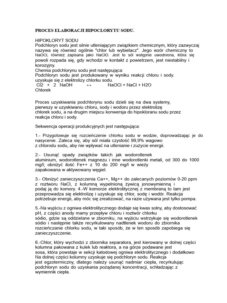 Proces Produkcji Podchlorynu Sodu | PDF