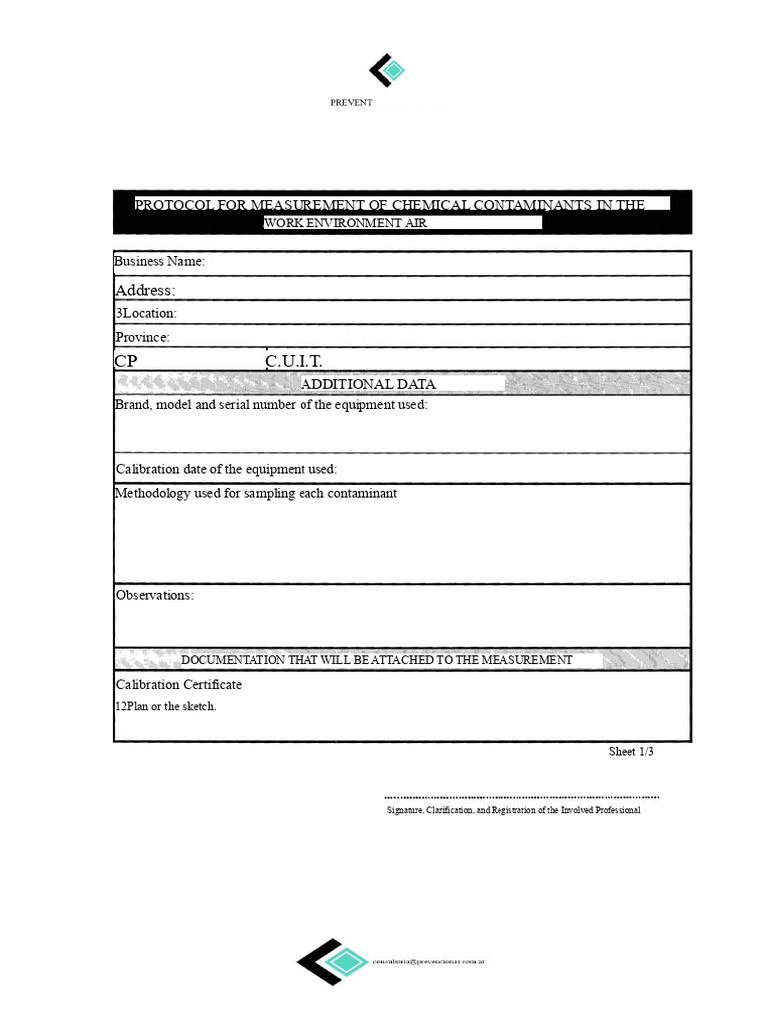 Protocol Form For Measuring Chemical Contaminants - Prevent | PDF