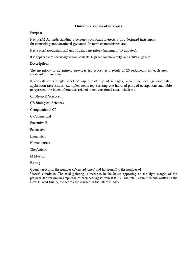 Thurstone's Vocational Interest Scale | PDF