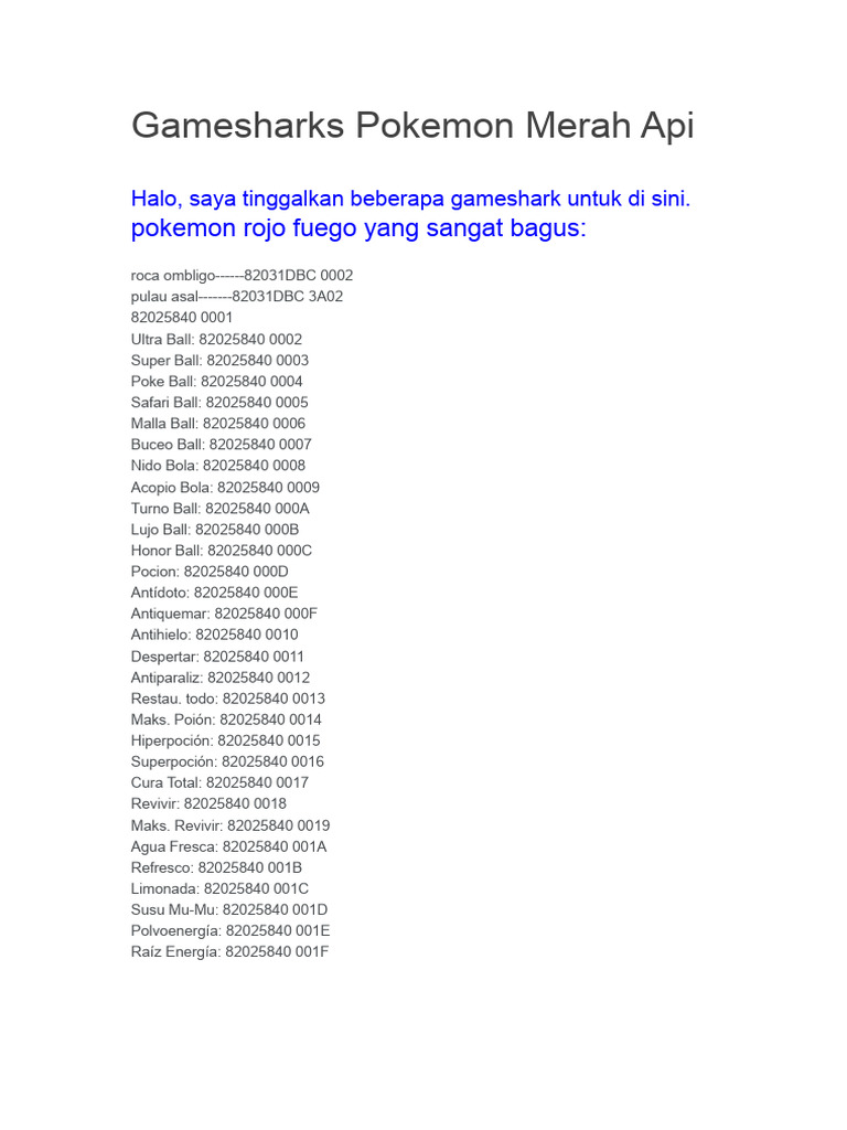 Gameshark Codes for Pokémon Fire Red PDF Characters Created Pokémon