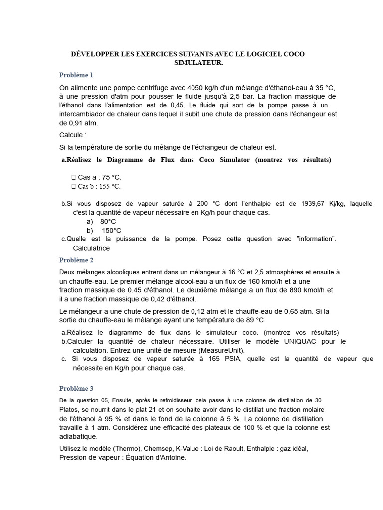 Exercices de simulation avec Coco Simulator | PDF | Distillation | Chaleur