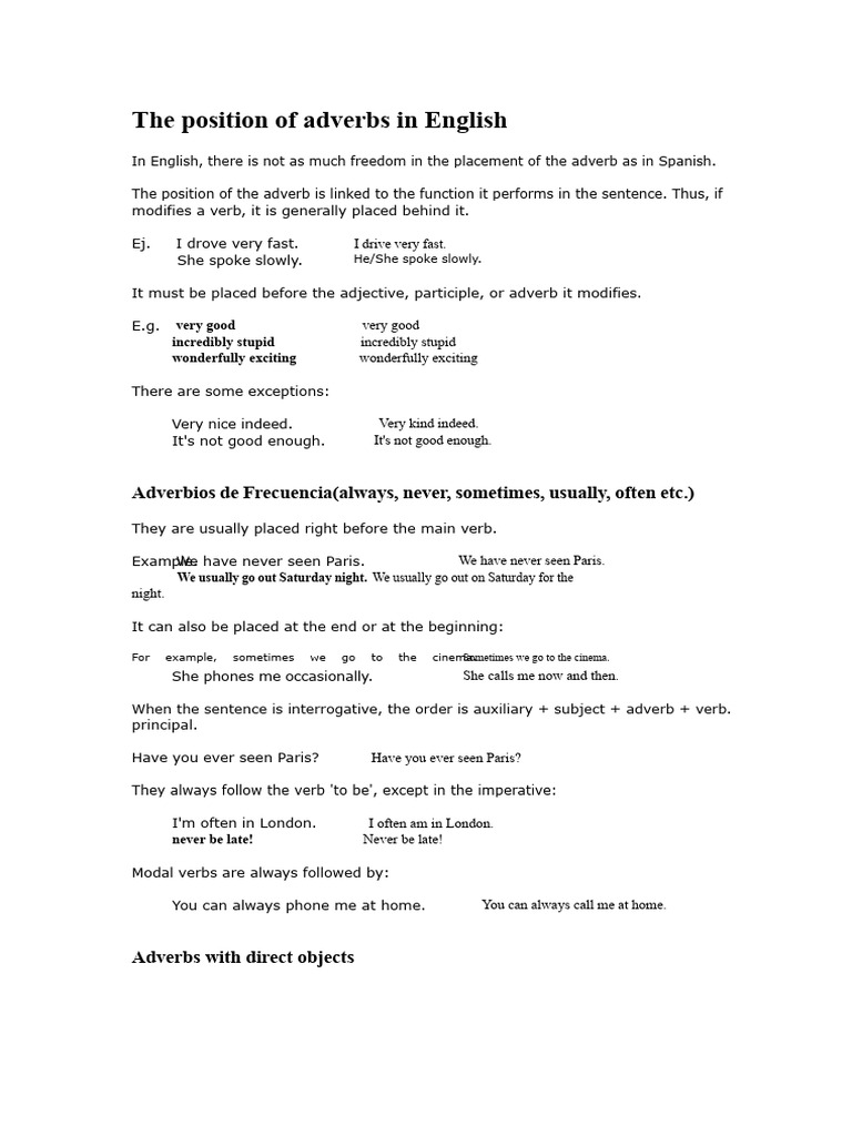 The Position of Adverbs in English | PDF | Verb | Adverb