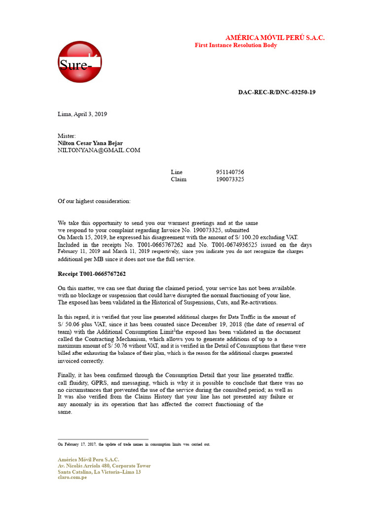 Claro Claim Resolution | PDF | Invoice