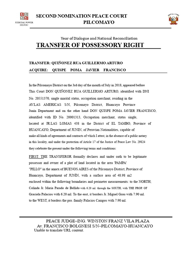 Property Transfer Agreement Pilcomayo | PDF | Common Law | Justice