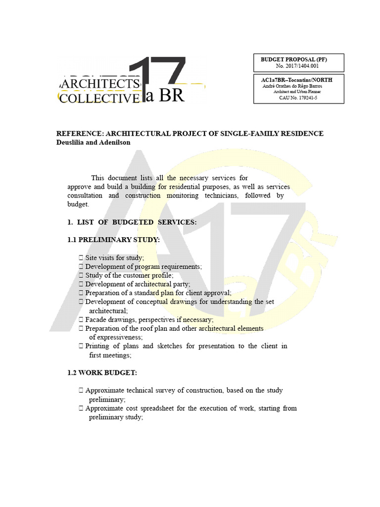 Residential Construction Budget Proposal | PDF | Architect