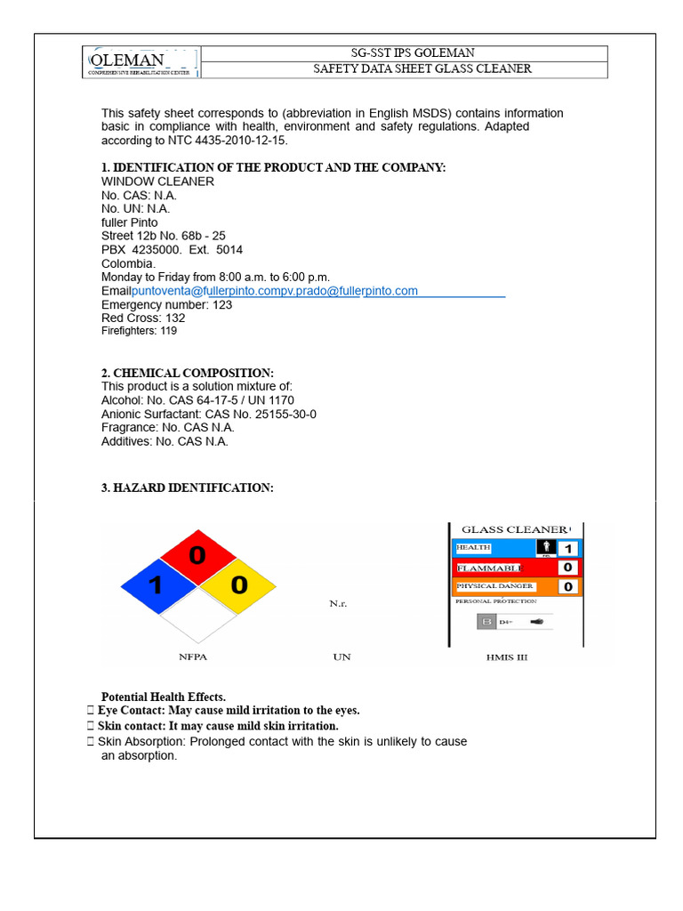 Window Cleaner Safety Data Sheet | PDF | Water | Combustion
