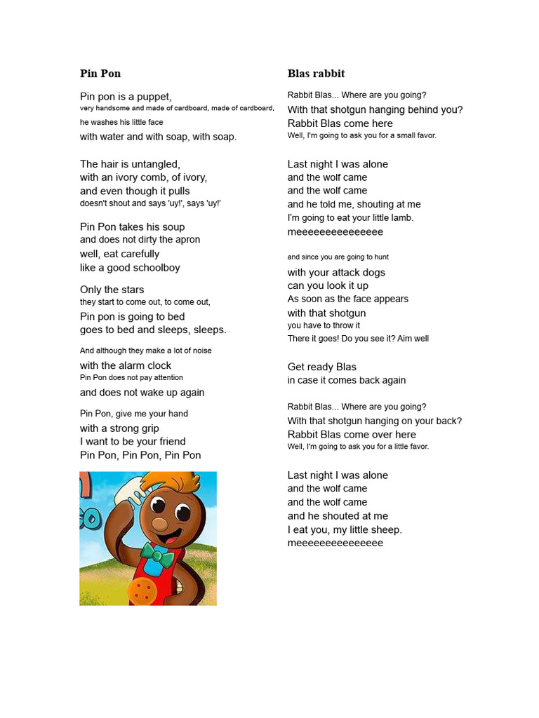 Children's Puppet Song Lyrics | PDF