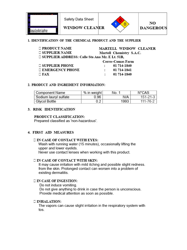 Martell Non-Hazardous Window Cleaner SDS | PDF | Water | Firefighter