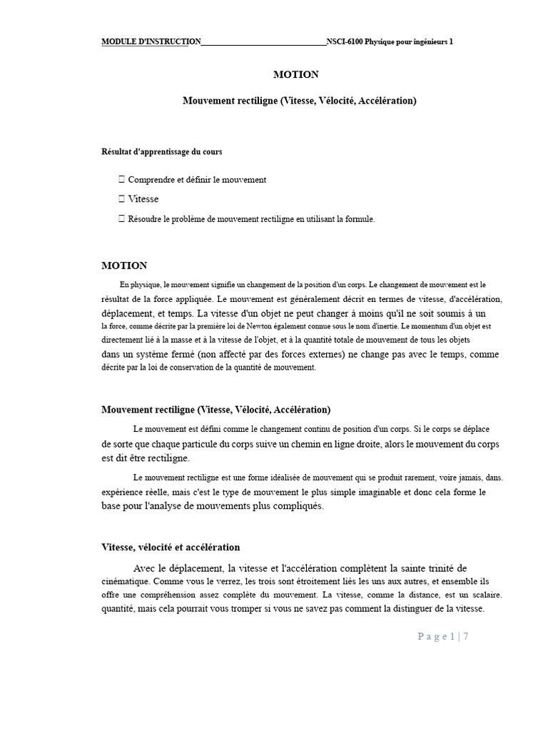 Mouvement rectiligne : Vitesse et Accélération | PDF | Vitesse ...
