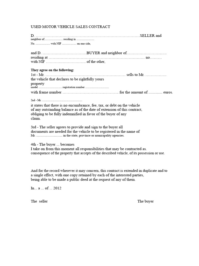 Contract For The Sale of Used Motor Vehicles | PDF