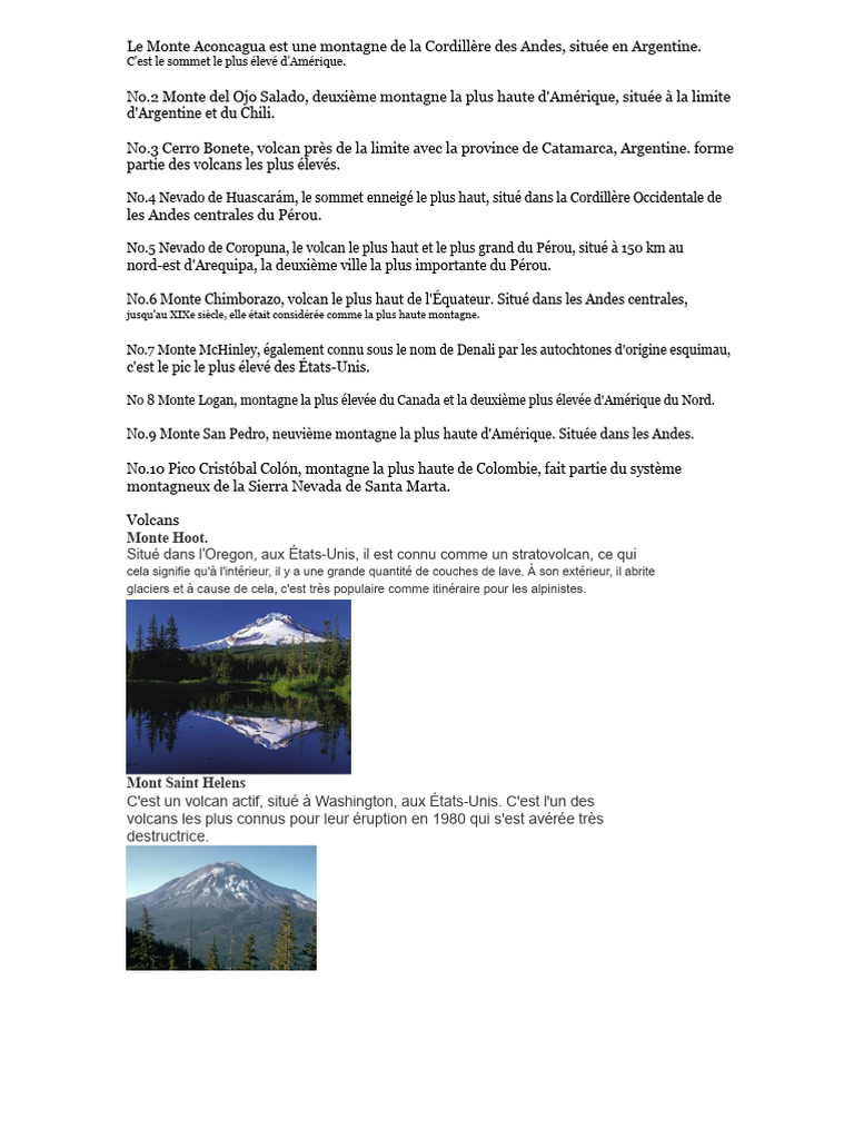 Volcans d'Amérique : Liste et caractéristiques | PDF | Andes | Volcan