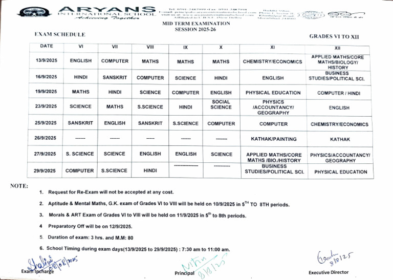 Mid Term Schedule - VI To XII - 2025 | PDF | Science