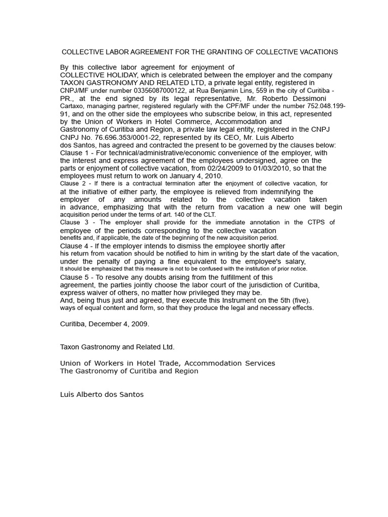 Collective Labor Agreement For Granting Collective Vacations | PDF ...
