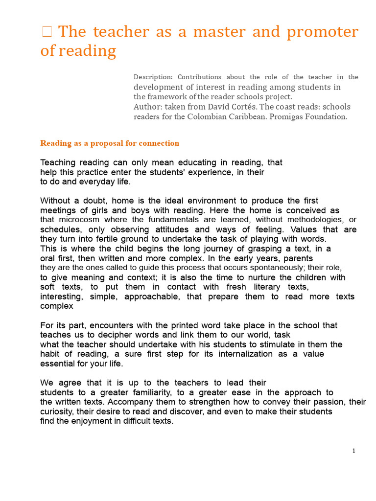 The Teacher As A Master and Promoter of Reading | PDF | Teachers | Pleasure