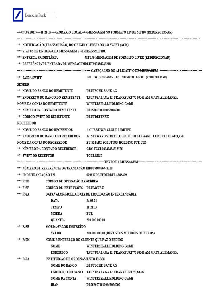 Notificação de Mensagem SWIFT MT199 | PDF | Deutsche Bank | Frankfurt ...