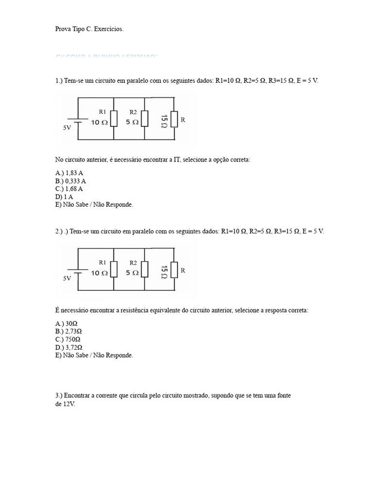 Exercícios de Circuitos Elétricos Tipo C | PDF | Circuitos em série e ...