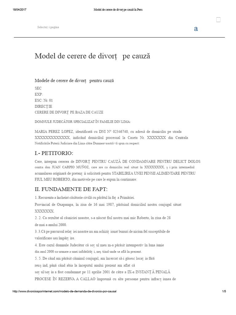 Model de Cerere de Divorț Pe Cauză În Peru | PDF