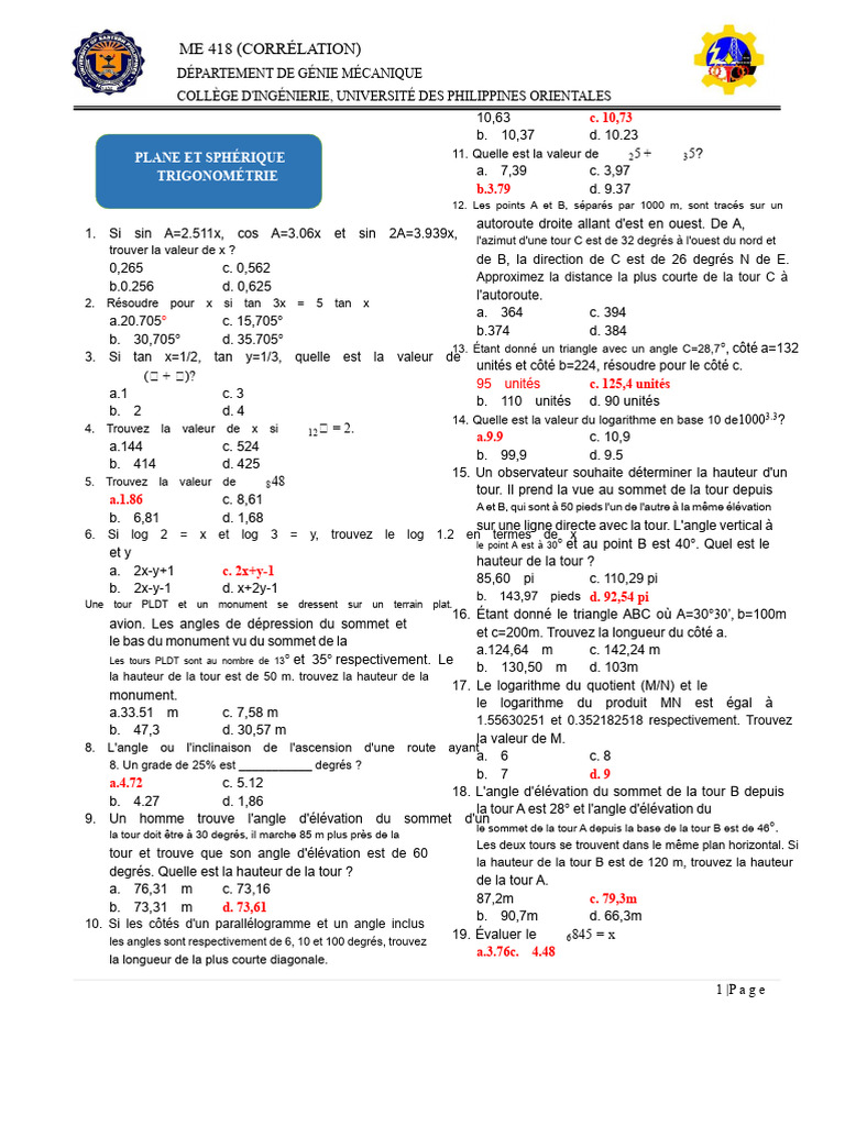 Problèmes de trigonométrie et logarithmes | PDF | Triangle | Fonction ...