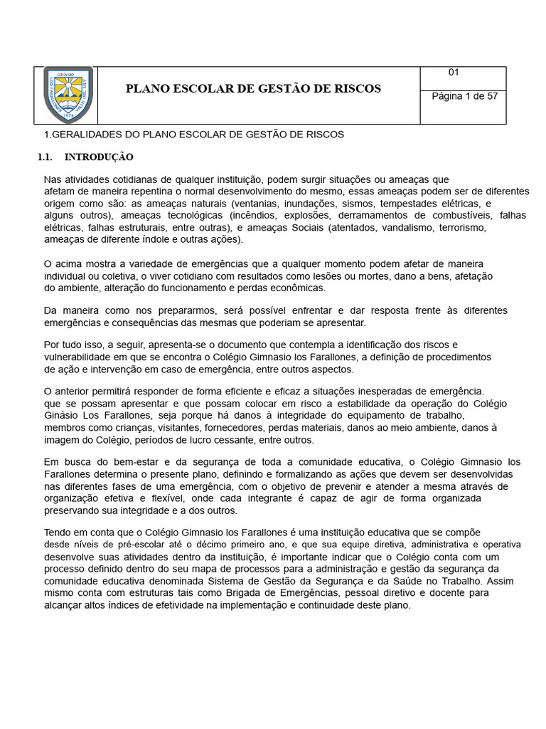 Plano de Gestão de Riscos Escolar | PDF | Terremotos | Ambiente natural